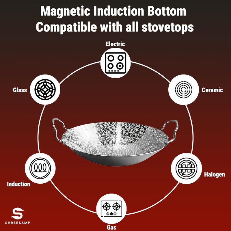 SHREESAMP Stainless Steel Hammered Wok Round Bottom Kadai with Handles Deep Frying Pan for Stir Fry Boiling Steaming Cookware WideShallow kadai Versatile Cookware for Gas Induction Stoves - Image 4