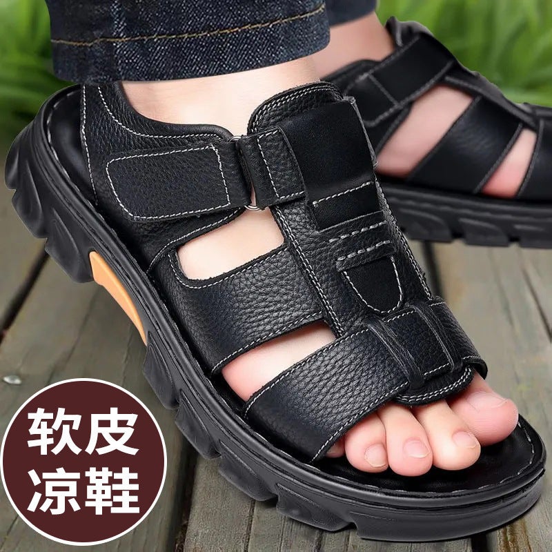 Mens Sandals New Summer Soft Leather Soft Sole Casual Beach Shoes Mens Casual Trendy Outerwear Cross-Border Sandals and Slippers 2513-brown - Image 4