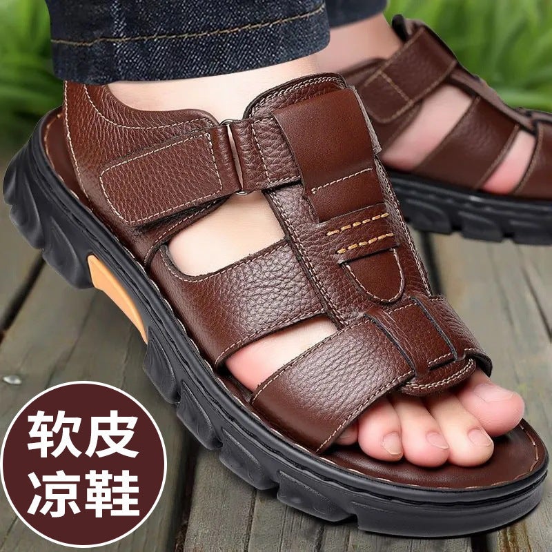 Mens Sandals New Summer Soft Leather Soft Sole Casual Beach Shoes Mens Casual Trendy Outerwear Cross-Border Sandals and Slippers 2513-brown - Image 3