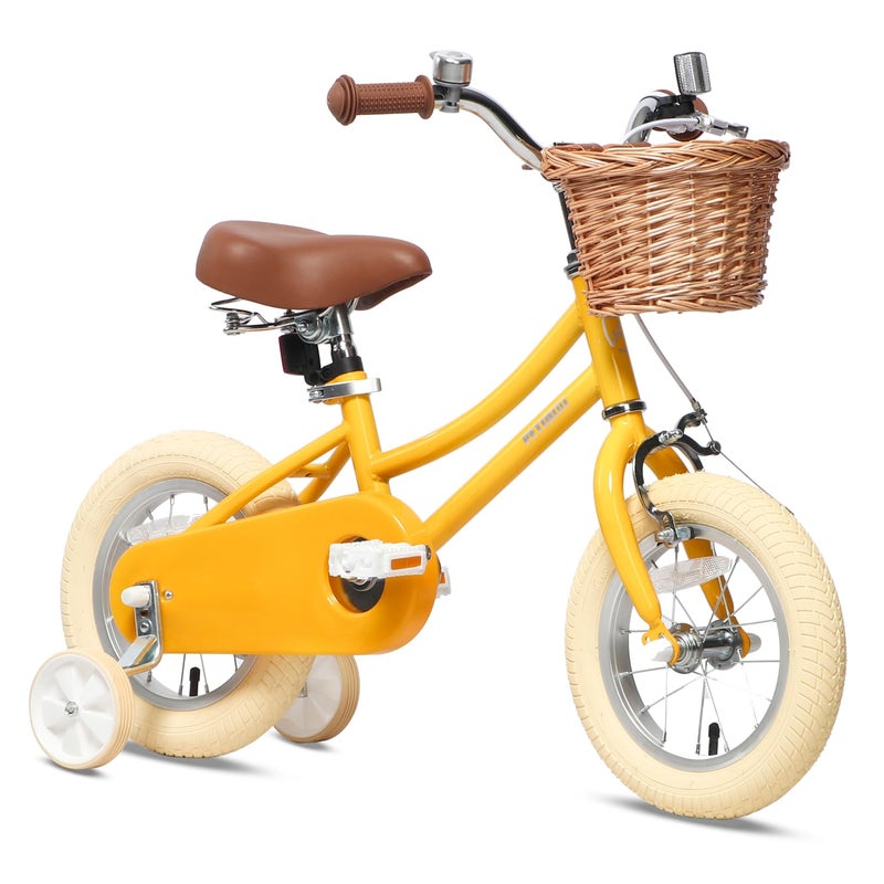 Petimini 12 Inch Kids Bike for Age 2 3 4 Years Old Little Girls Toddlers Retro Vintage Style Bicycles with Basket Training Wheels and Bell, Yellow - Image 1