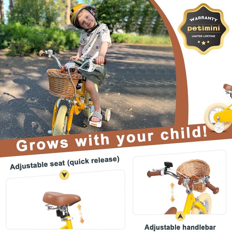 Petimini 12 Inch Kids Bike for Age 2 3 4 Years Old Little Girls Toddlers Retro Vintage Style Bicycles with Basket Training Wheels and Bell, Yellow - Image 4