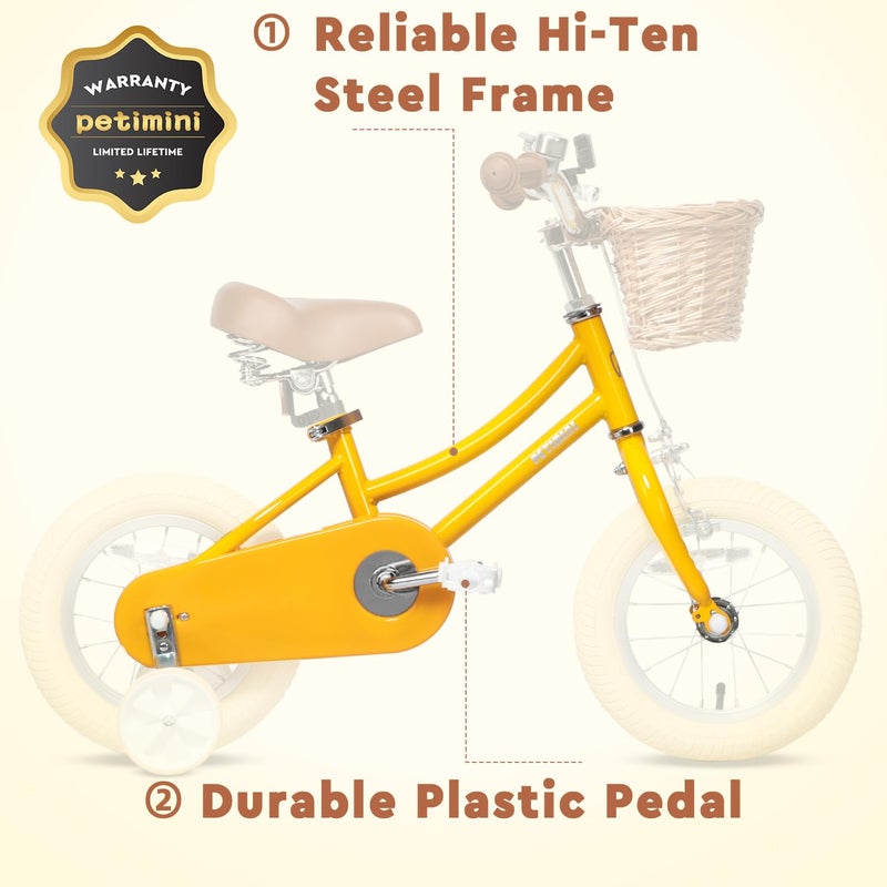 Petimini 12 Inch Kids Bike for Age 2 3 4 Years Old Little Girls Toddlers Retro Vintage Style Bicycles with Basket Training Wheels and Bell, Yellow - Image 5