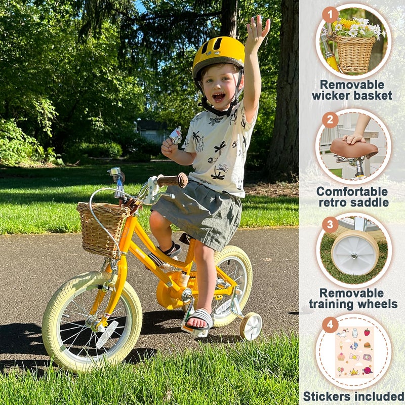 Petimini 12 Inch Kids Bike for Age 2 3 4 Years Old Little Girls Toddlers Retro Vintage Style Bicycles with Basket Training Wheels and Bell, Yellow - Image 3