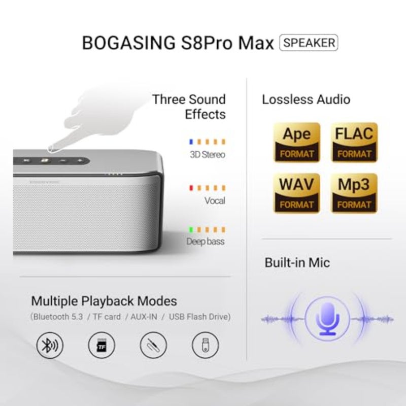 مكبر صوت بلوتوث S8 Pro Max، صوت ثلاثي القنوات مع صوت ستيريو نابض بالحياة، تقنية EQ، DSP، بطاقة TF، AUX، ميكروفون مدمج، مكبر صوت منزلي للداخل، صوت ستيريو 3K للمكتب مع صوت جهير قوي محسن، بلوتوث 5.3، TWS، EQ، بطاقة TF، تشغيل محرك USB AUX - Image 5