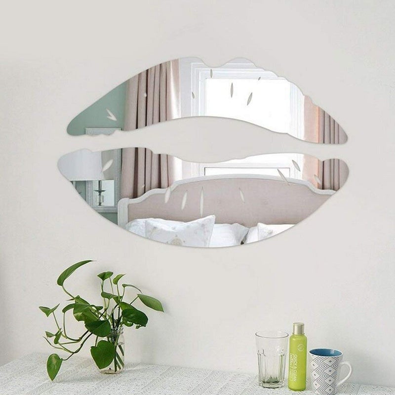 CUGBO 2 Set 3D Kiss Lips Mirror Wall Stickers Make Up Acrylic DIY Art Decals Home Room Decor Silver