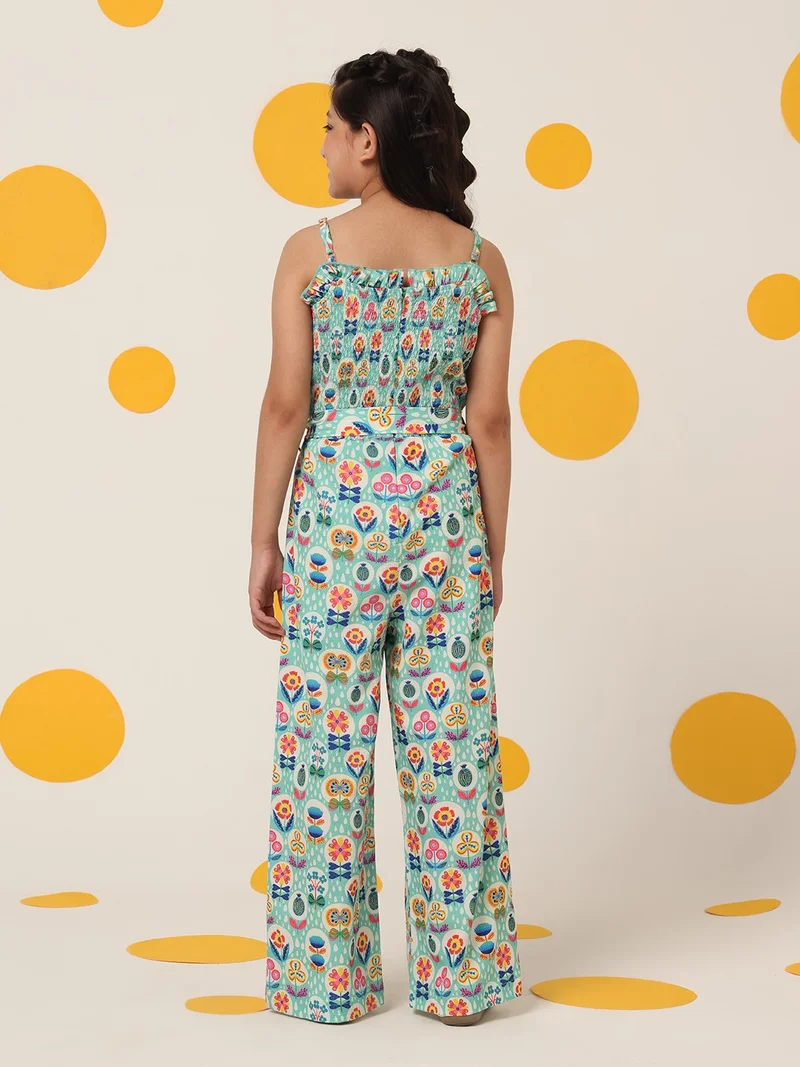 Cherry & Jerry Cherry & Jerry Girls Turquoise Printed Seersucker Full Length Jumpsuits