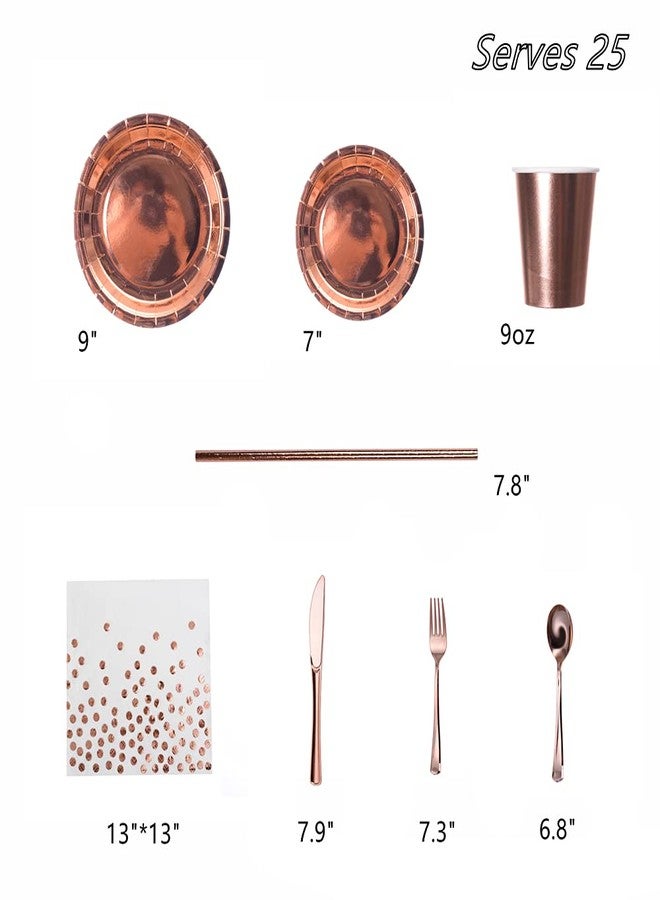 YAOSHENG 200 Pieces Solid Rose Gold Party Supplies - Rose Gold Paper Plates & Napkins Cups Silverware Serves 25 Sets for Wedding Bridal Shower Engagement Birthday Parties (Rose gold) - Image 2