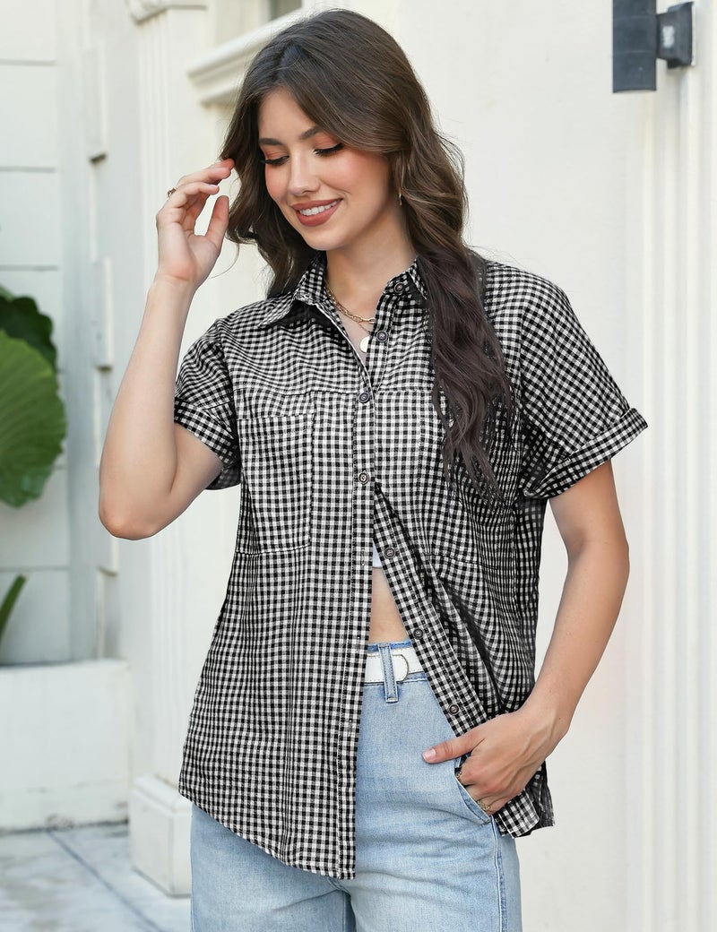 Kistore Button Down Shirts for Women Summer Tops Plaid Short Sleeve Dress Shirts Cotton Loose Casual Work Collared Blouse Black S - Image 2