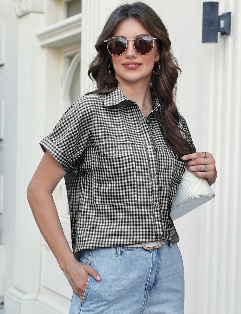 Kistore Button Down Shirts for Women Summer Tops Plaid Short Sleeve Dress Shirts Cotton Loose Casual Work Collared Blouse Black S - Image 5