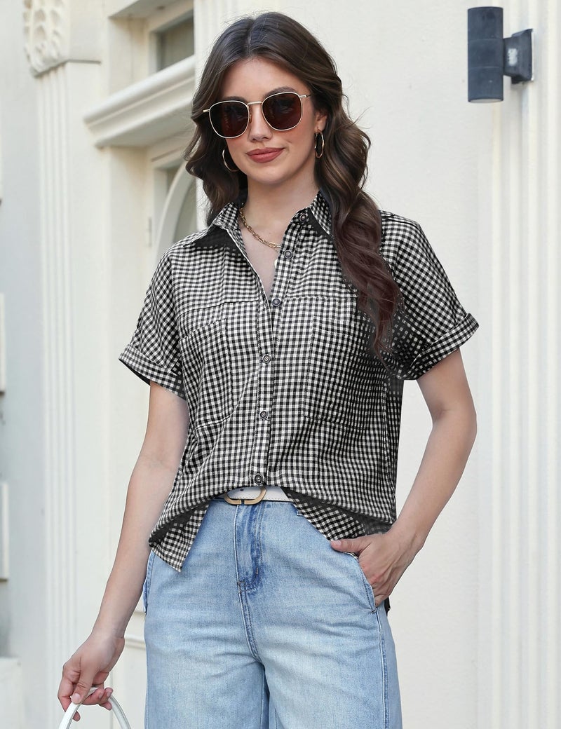 Kistore Button Down Shirts for Women Summer Tops Plaid Short Sleeve Dress Shirts Cotton Loose Casual Work Collared Blouse Black S - Image 4