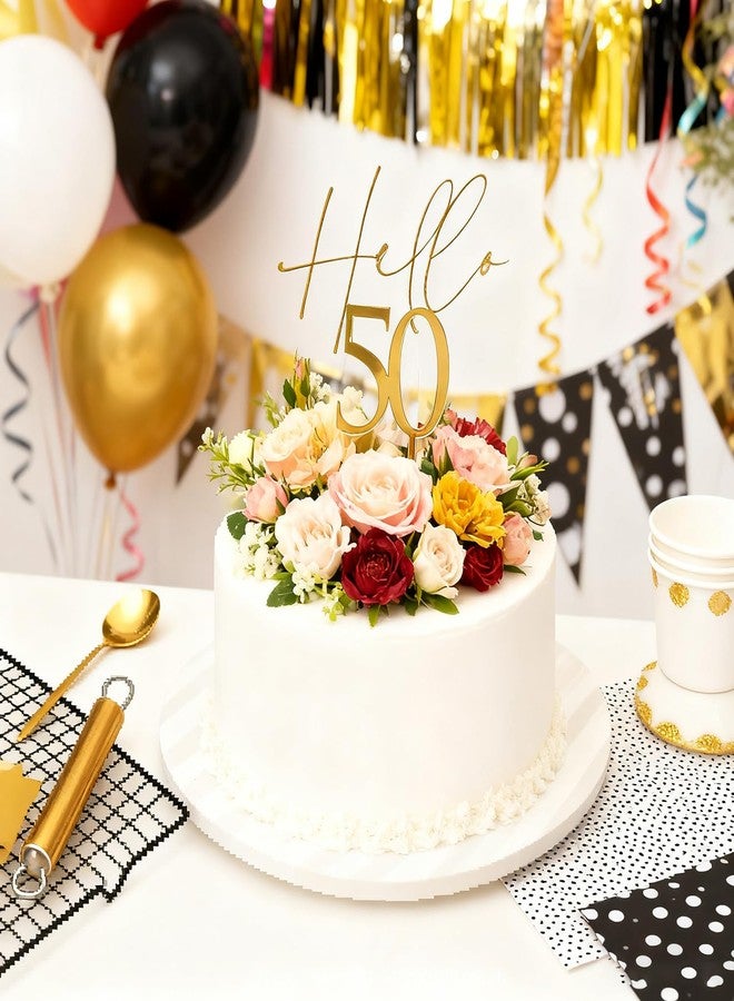 ريماكس غطاء كعكة من الأكريليك الذهبي "مرحباً بالخمسين" - زينة كعكة "هتاف للخمسين عاماً" - غطاء كعكة رائع - زينة لافتة حفل زفاف بمناسبة الذكرى الخمسين (50) - Image 3