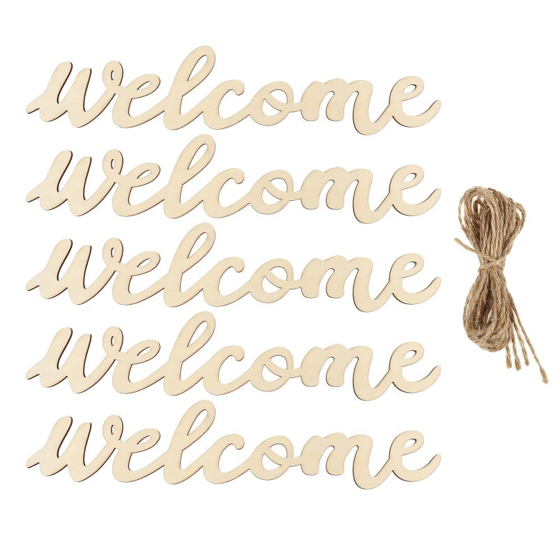 NUOBESTY 5pcs Welcome Wood Cutout Sign Farmhouse Front Door Sign with 5pcs Ropes Wall Hanging Pendant Ornament for Home Restaurant Bar Coffee Halloween