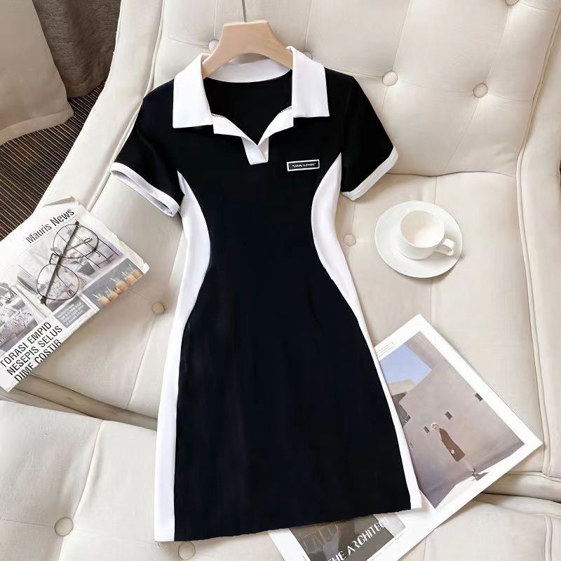 Summer New plus size Student Collar Summer All-match Slimming Western Style Color Matching Design Sense Belly Covering dress Black 