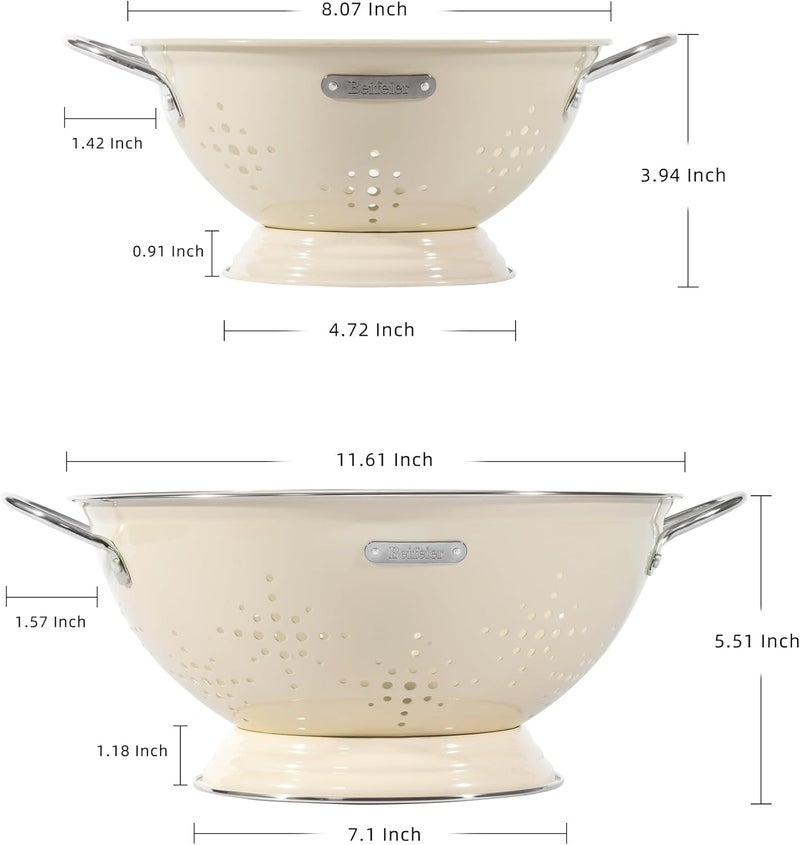 BeFare Metal Colander 2 Pack, Strainer Bowel with Handles 2Qt & 6Qt Powder Coated Solid Ring Base Heavey Duty Kitchen Drainer Basket for Pasta Veggies and Fruits,New Home Apartment Essentials (Almond Cream) - Image 2