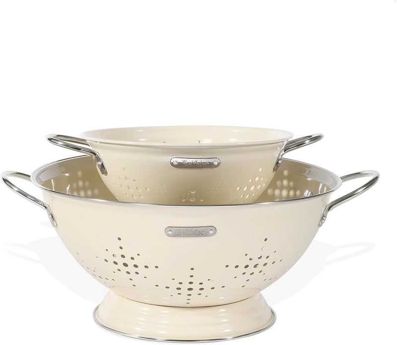BeFare Metal Colander 2 Pack, Strainer Bowel with Handles 2Qt & 6Qt Powder Coated Solid Ring Base Heavey Duty Kitchen Drainer Basket for Pasta Veggies and Fruits,New Home Apartment Essentials (Almond Cream) - Image 1
