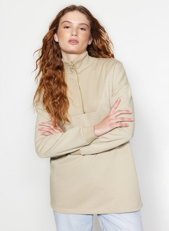 trendyol Knitted Sweatshirt - Stone Zipper and Collar Detail - Image 1