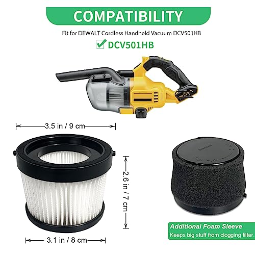 Kerneed 4 Pack DCV5011H HEPA Filter Compatible with DEWALT DCV501HB Cordless Handheld Vacuum, with 8 Foam Sleeve Filters & 1 Brush - Image 2