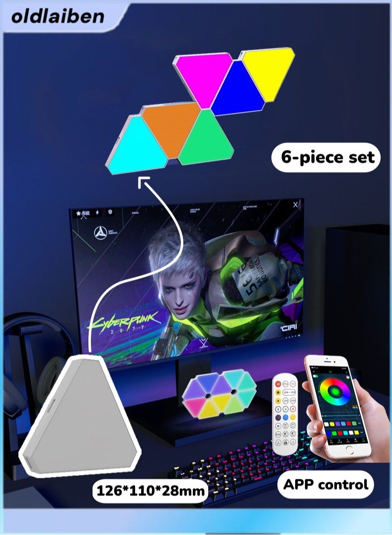 الدليبن مصابيح LED مثلثة، لوحات إضاءة مثلثة RGB، مصابيح حائط LED، إضاءة محيطة للألعاب، مصابيح مثلثة مع 6 منافذ اتصال، مصابيح حائط ذكية لغرفة النوم، مصابيح ألعاب RGB لغرفة الألعاب، غرفة المعيشة، غرفة النوم، تحكم بالتطبيق ومزامنة الموسيقى لغرفة الألعاب (عبوة من 6 قطع) - Image 1