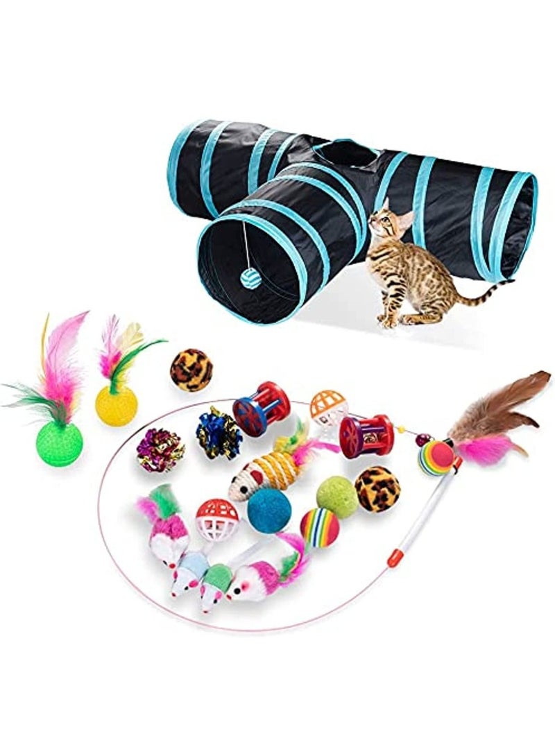 Altheqa 21 pcs multicolor cat interactive toys fluffy mouse fake mice crinkle balls bell play for kitten 3 way tunnel blue - Image 1