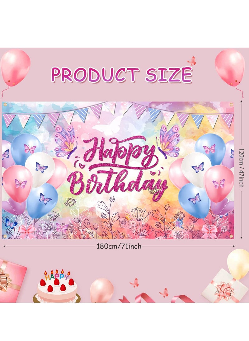 KASTWAVE Happy Birthday Banner Decorations Large Butterfly Birthday Party Banner Backdrop for Kids Girls Women Butterfly Theme Party Background Sign Photo Booth Birthday Party Supplies 180 * 120cm  - Image 3
