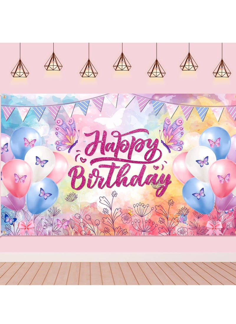 KASTWAVE Happy Birthday Banner Decorations Large Butterfly Birthday Party Banner Backdrop for Kids Girls Women Butterfly Theme Party Background Sign Photo Booth Birthday Party Supplies 180 * 120cm  - Image 1