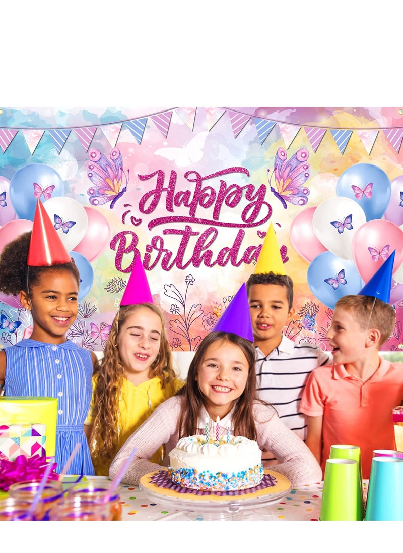 KASTWAVE Happy Birthday Banner Decorations Large Butterfly Birthday Party Banner Backdrop for Kids Girls Women Butterfly Theme Party Background Sign Photo Booth Birthday Party Supplies 180 * 120cm  - Image 4