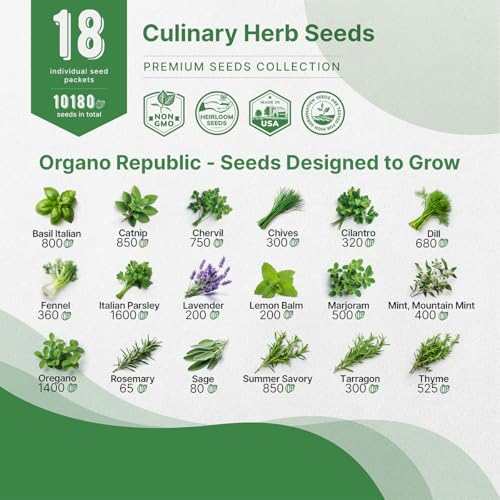 Organo Republic مجموعة بذور الأعشاب الطهي المتنوعة من أورغانو ريبابليك 18 - 10,180+ بذور أعشاب وراثية، غير معدلة وراثيًا، للزراعة في الحدائق الداخلية والخارجية، بما في ذلك إكليل الجبل، الزعتر، الأوريجانو، النعناع، الريحان، البقدونس - Image 3
