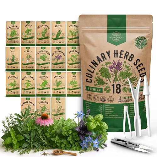 Organo Republic مجموعة بذور الأعشاب الطهي المتنوعة من أورغانو ريبابليك 18 - 10,180+ بذور أعشاب وراثية، غير معدلة وراثيًا، للزراعة في الحدائق الداخلية والخارجية، بما في ذلك إكليل الجبل، الزعتر، الأوريجانو، النعناع، الريحان، البقدونس - Image 1