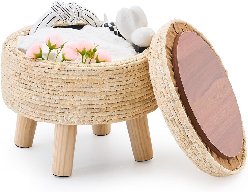 Cpintltr Storage Ottoman Poufs Handwoven Footstool Natural Seagrass Round Footrest Stool with 4 Wood Legs Soft Padded Outdoor Seat for Hallway Lounge Bedroom Garden - Image 1