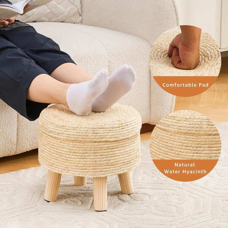 Cpintltr Storage Ottoman Poufs Handwoven Footstool Natural Seagrass Round Footrest Stool with 4 Wood Legs Soft Padded Outdoor Seat for Hallway Lounge Bedroom Garden - Image 4