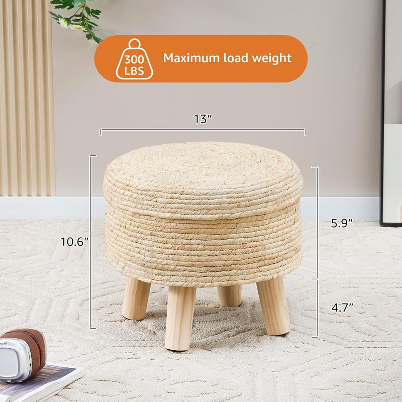 Cpintltr Storage Ottoman Poufs Handwoven Footstool Natural Seagrass Round Footrest Stool with 4 Wood Legs Soft Padded Outdoor Seat for Hallway Lounge Bedroom Garden - Image 3