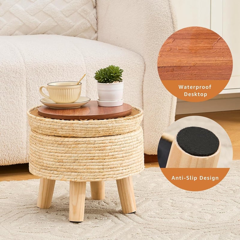Cpintltr Storage Ottoman Poufs Handwoven Footstool Natural Seagrass Round Footrest Stool with 4 Wood Legs Soft Padded Outdoor Seat for Hallway Lounge Bedroom Garden - Image 5