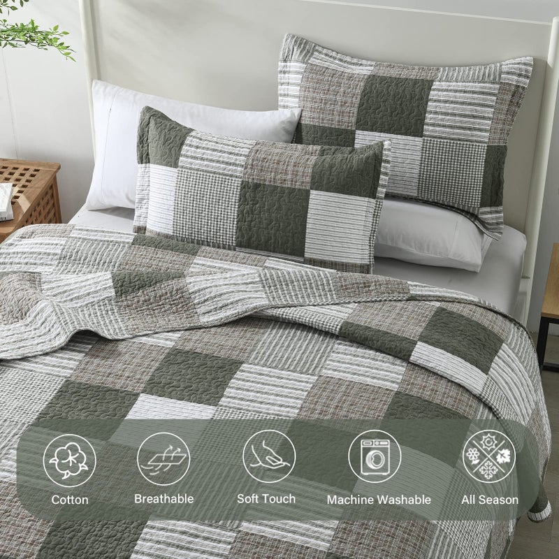 Finlonte Quilts Queen Size - 100% Cotton Queen Comforter Set Green Moonbeam White Plaid Farmhouse Quilt Bedding Set, Reversible Lightweight Soft Bedspread, Quilted Coverlet All-Season, 3-Piece - Image 4