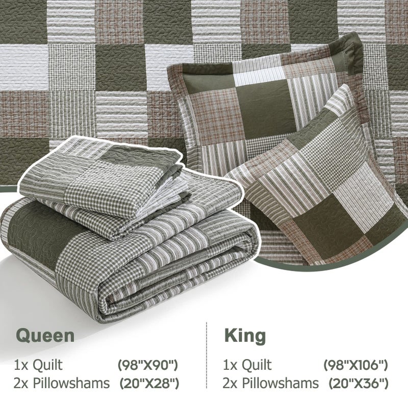 Finlonte Quilts Queen Size - 100% Cotton Queen Comforter Set Green Moonbeam White Plaid Farmhouse Quilt Bedding Set, Reversible Lightweight Soft Bedspread, Quilted Coverlet All-Season, 3-Piece - Image 5