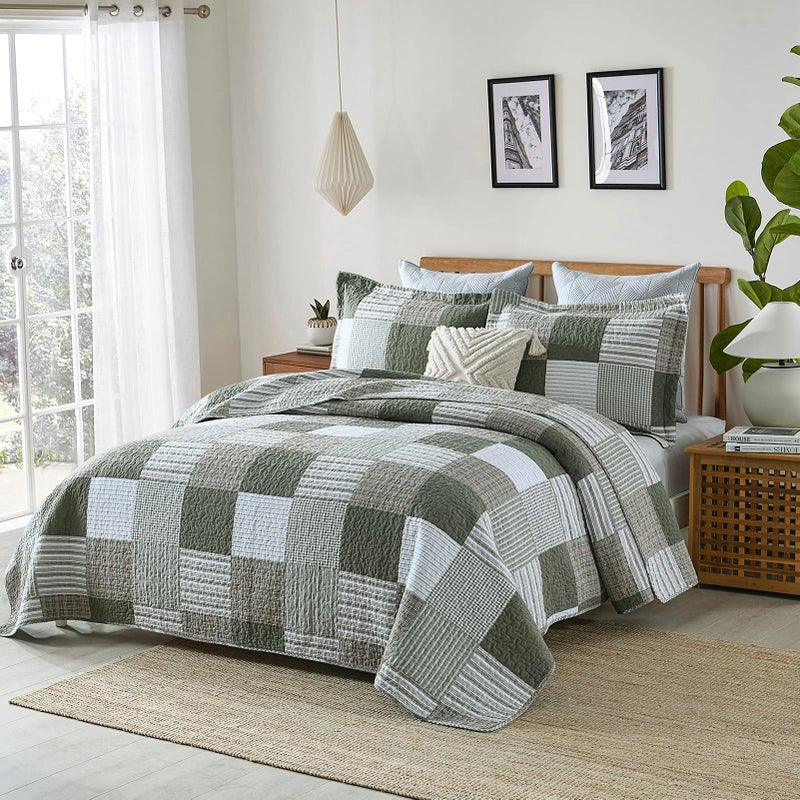 Finlonte Quilts Queen Size - 100% Cotton Queen Comforter Set Green Moonbeam White Plaid Farmhouse Quilt Bedding Set, Reversible Lightweight Soft Bedspread, Quilted Coverlet All-Season, 3-Piece - Image 3