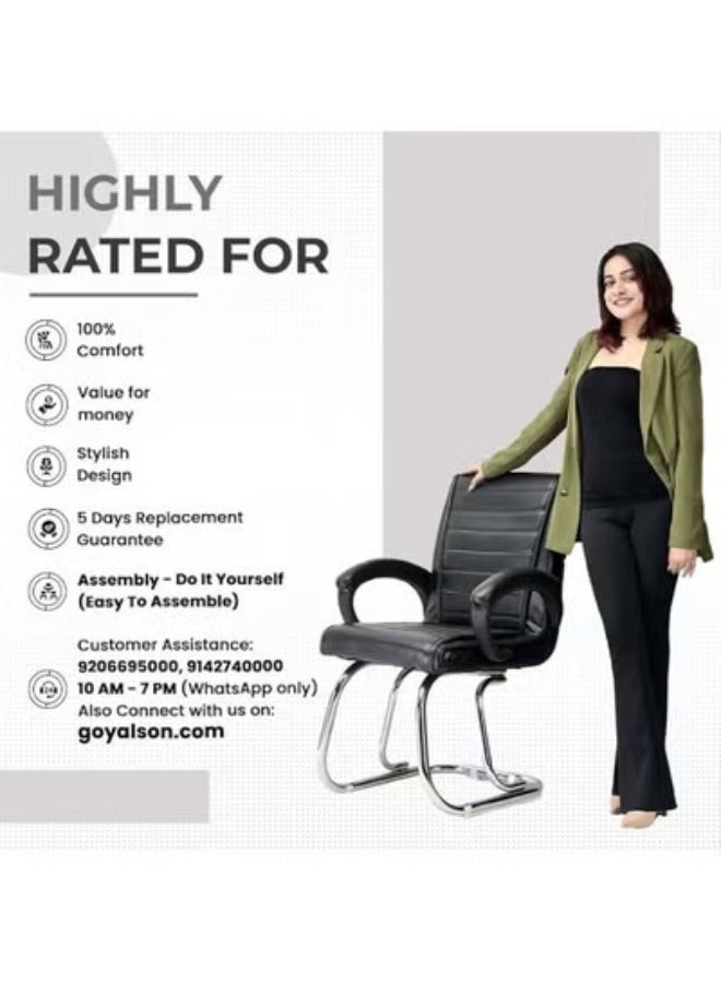Office visitor chair with a medium back, seat and backrest upholstered in faux leather, padded armrests, and a chrome metal frame. Supports up to 100 kg. Black. - Image 4