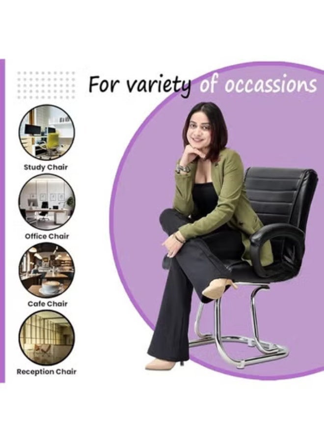 Office visitor chair with a medium back, seat and backrest upholstered in faux leather, padded armrests, and a chrome metal frame. Supports up to 100 kg. Black. - Image 5