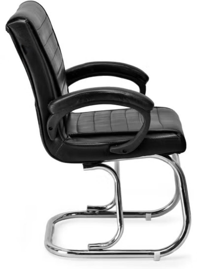 Office visitor chair with a medium back, seat and backrest upholstered in faux leather, padded armrests, and a chrome metal frame. Supports up to 100 kg. Black. - Image 2