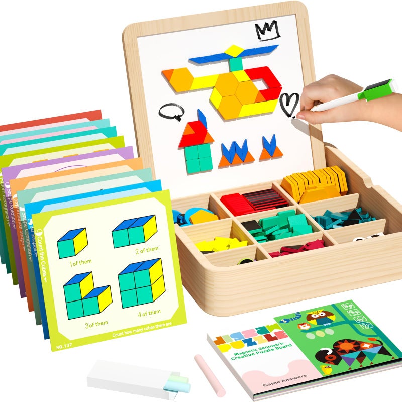edutree Wooden Magnetic Pattern Block Set with Cards Pen 248 Pcs Montessori Creative Magnetic Puzzle Toys for Toddlers 48 Learning Educational STEM Tangrams for Kids Boys Girls 4 5 6 7 8 - Image 3