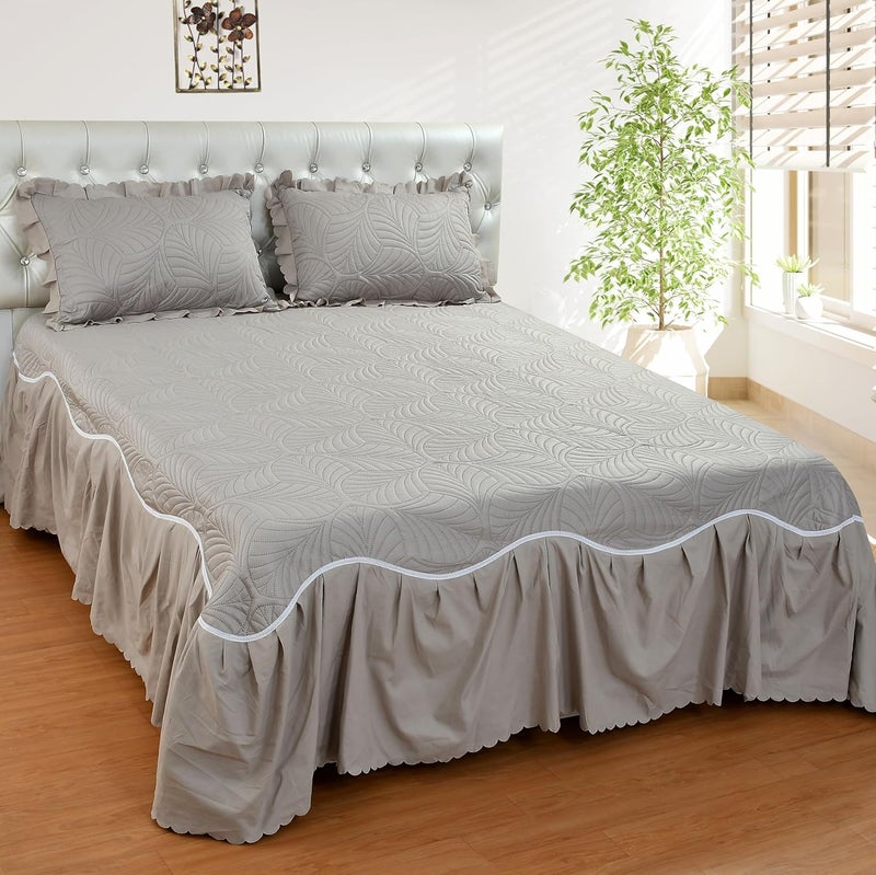 The Little Big Store The Little Big Store King Size Quilted Soft Bedsheet Cotton Feel Bedspread 350 GSM 72x78 Bed Cover with 2 Pillow Covers Bed Skirt with Ruffle Fringe Side Frills Ruffles Pleated Laces  - Image 1