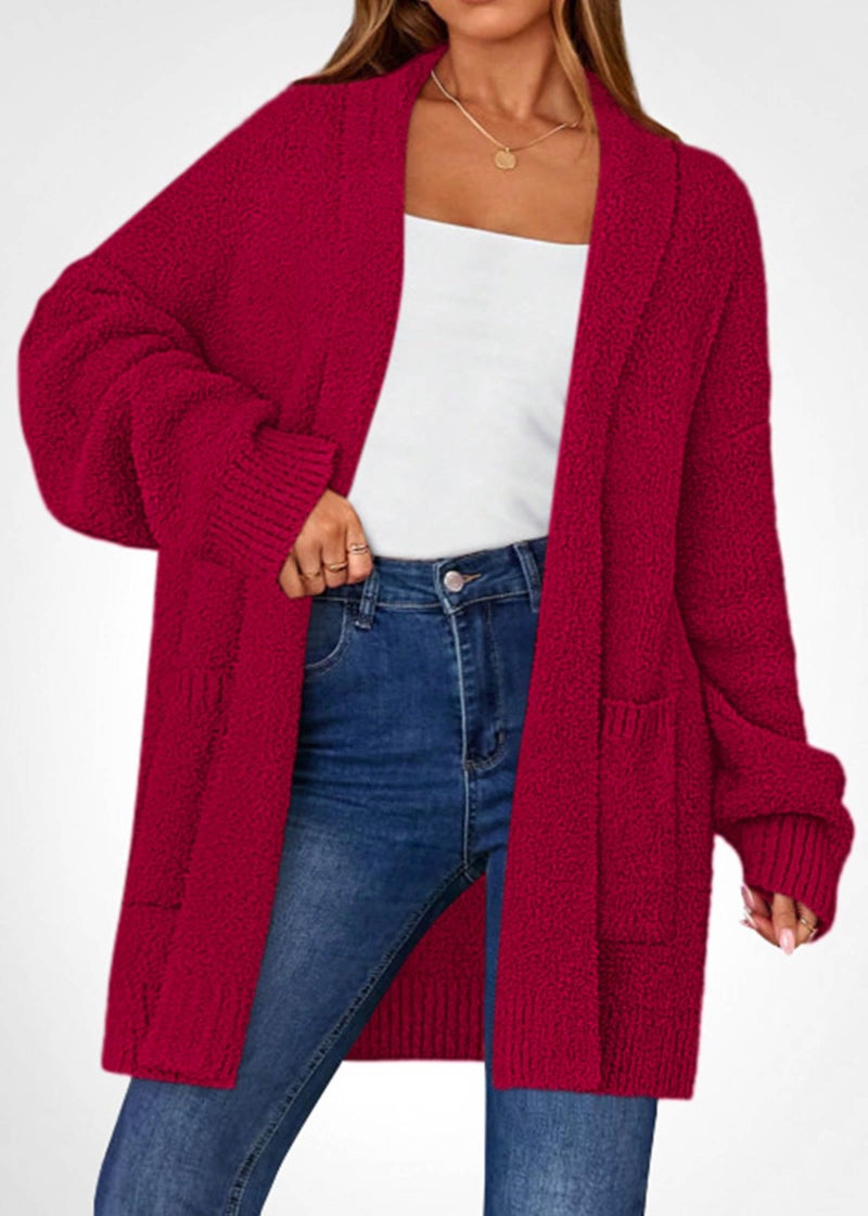 KIRUNDO Cardigan Sweaters for Women 2026 Fall Chunky Fuzzy Knit Open Front Loose Long Sleeve Sweater Coats Winter Clothing(Burgundy, Large) - Image 3