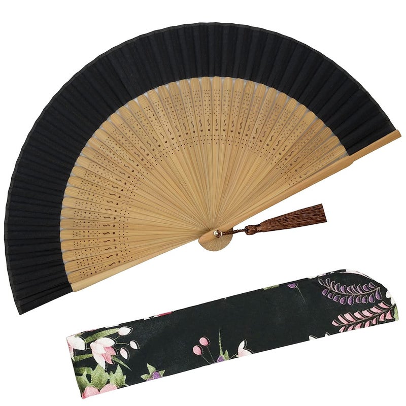 Zolee Folding Hand Fan for Women  Foldable Chinese Japanese Vintage Bamboo Silk Fan  for Hot Flash Dance Performance Decoration Party Gift Bamboo S Black