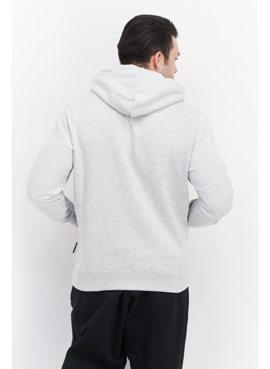 French Connection Men Long Sleeve Brand Logo Fleece Hoodie Sweatshirt, Light Grey Melange  - Image 2