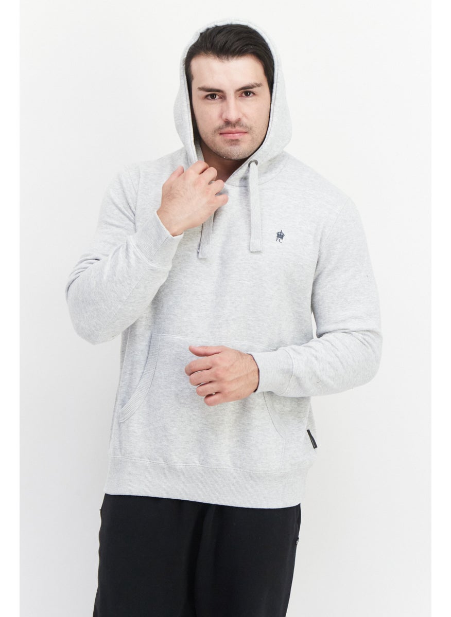 French Connection Men Long Sleeve Brand Logo Fleece Hoodie Sweatshirt, Light Grey Melange  - Image 1