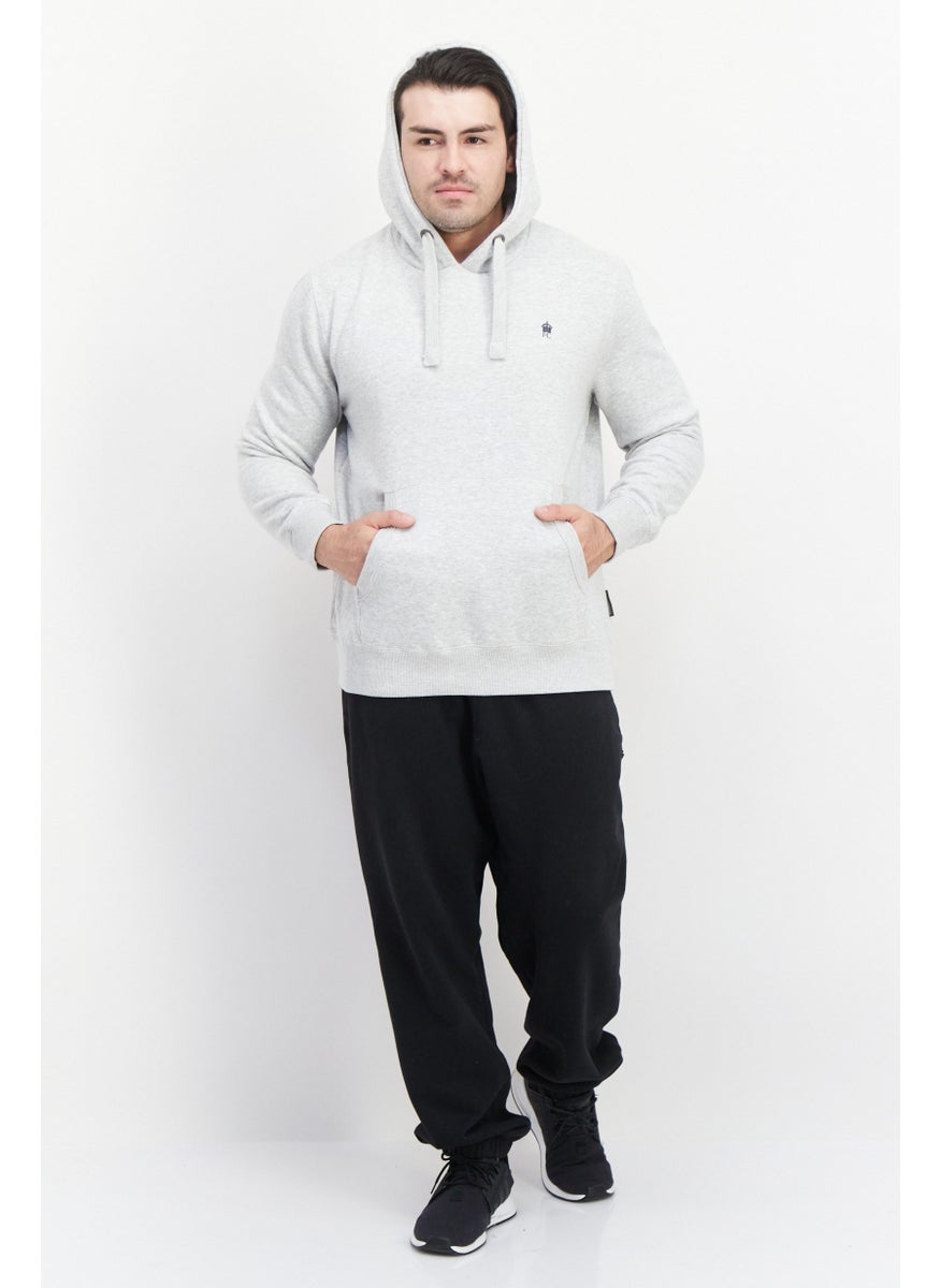 French Connection Men Long Sleeve Brand Logo Fleece Hoodie Sweatshirt, Light Grey Melange  - Image 4