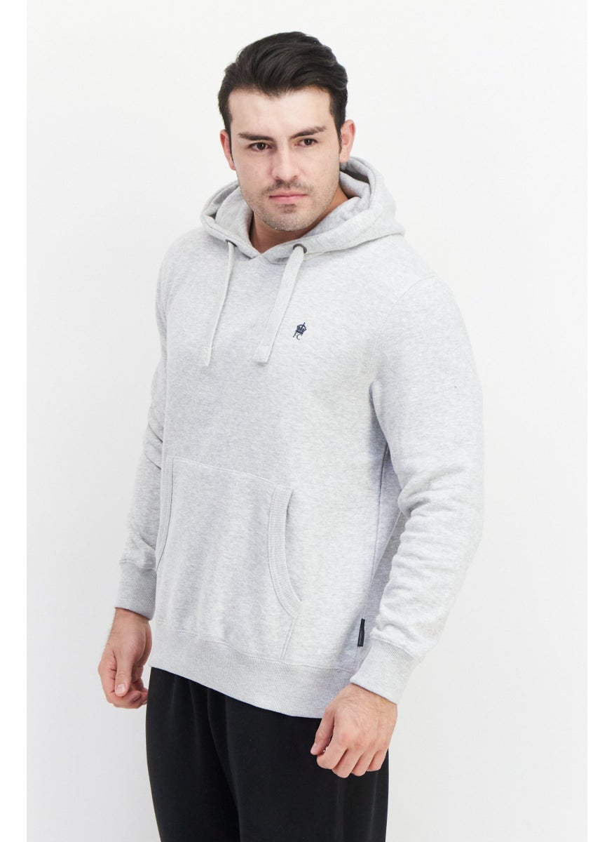 French Connection Men Long Sleeve Brand Logo Fleece Hoodie Sweatshirt, Light Grey Melange  - Image 3