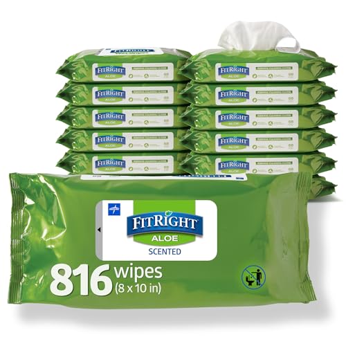 Medline FitRight Aloe Personal Cleansing Cloth Wipes, Scented, 8 x 10 inch Adult Large Incontinence Wipes, 68 count, pack of 12 - Image 1