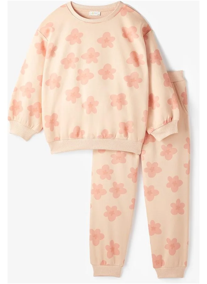 JUNE June Kid Pink Floral Patterned Sweatshirt and Sweatpant 2-Pack Set Salmon