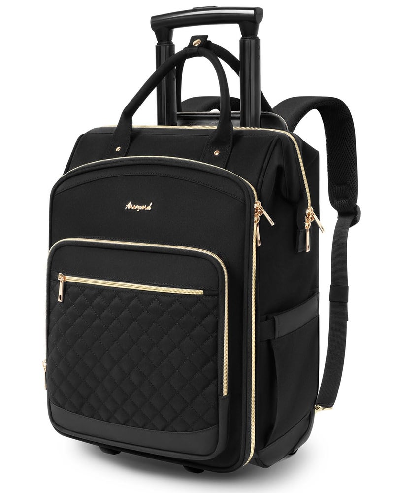 Arcoyard Rolling Backpack for Women, Travel Backpack with Wheels, Vertical Storage Wheeled Laptop Backpack, Overnight Underseat Carry on Luggage for College Business Work, Stylish Rolling Laptop Bag, Black - Image 1