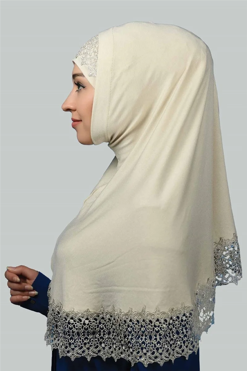 التوبة Double Set Lace Practical Scarf Ready Hijab and Hijab Bonnet Xl - Cream